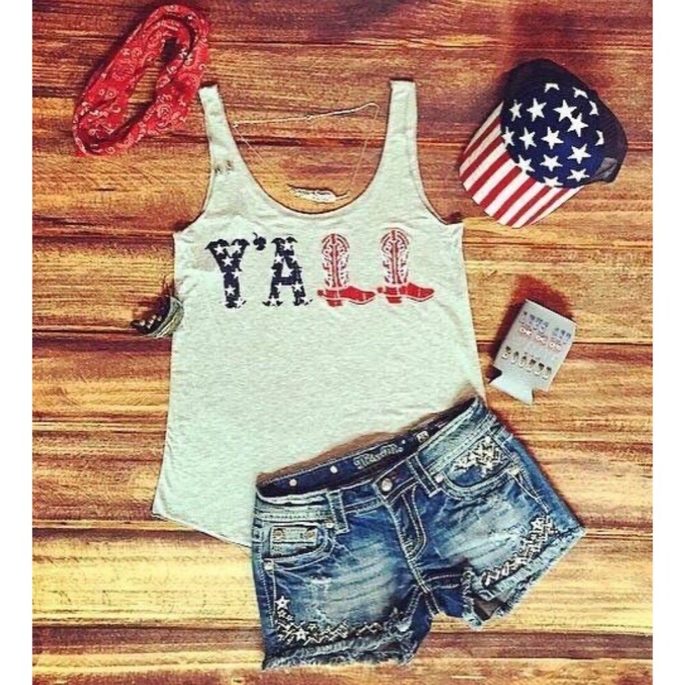 Vintage Women's American Western Tank Top Size L White “Y'all” Lightweight
